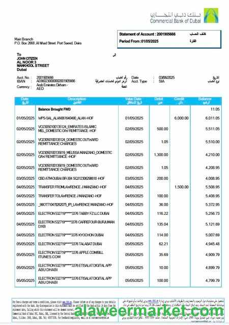 UAE Commercial Bank of Dubai statement of account Word and PDF template